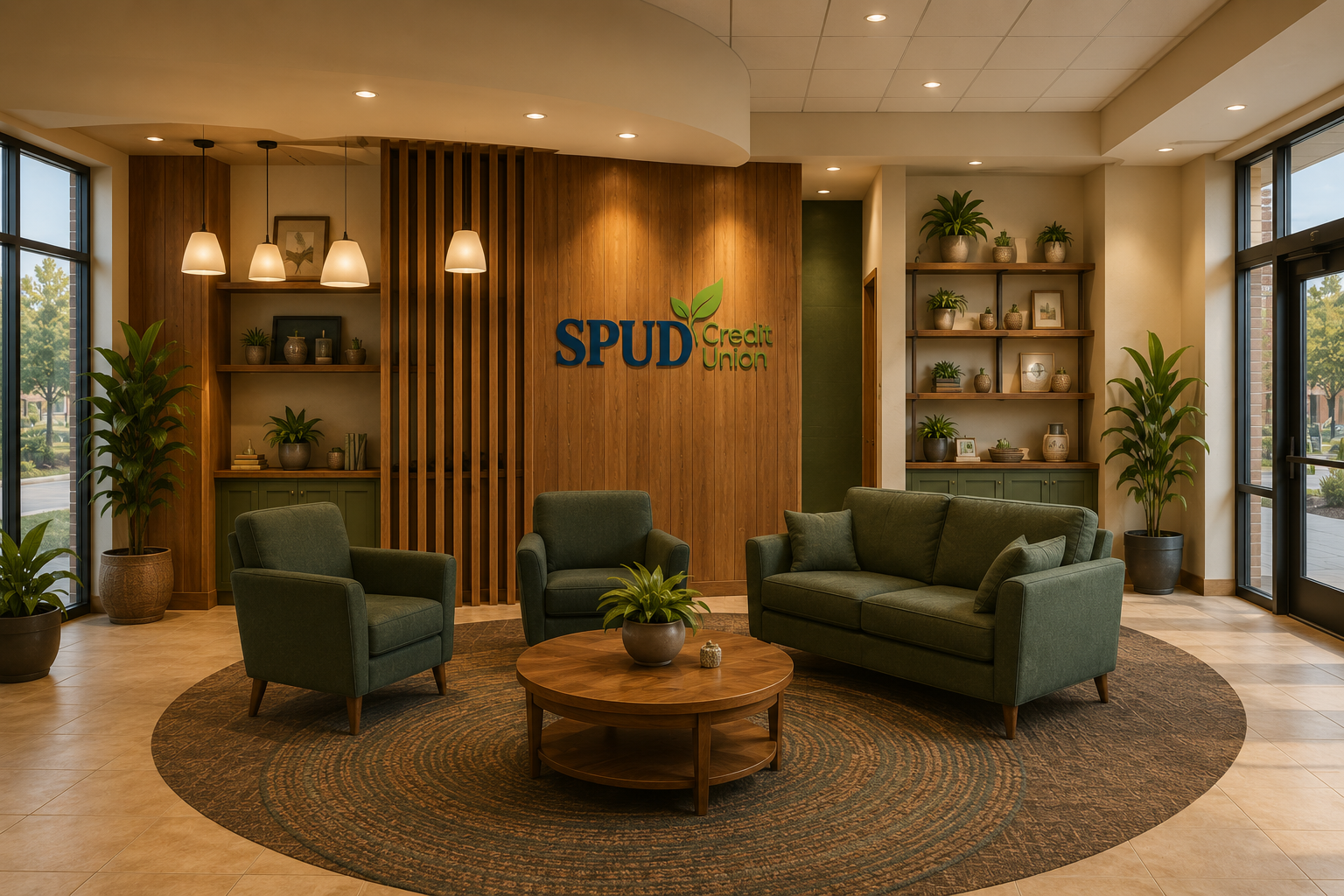 The SPUD Credit Union member lounge with green armchairs and a wood-panelled SPUD wall