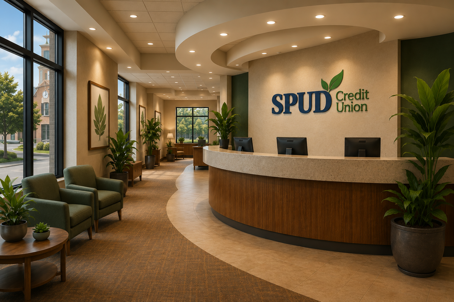 The SPUD Credit Union teller desk, lit warmly with the SPUD logo behind it