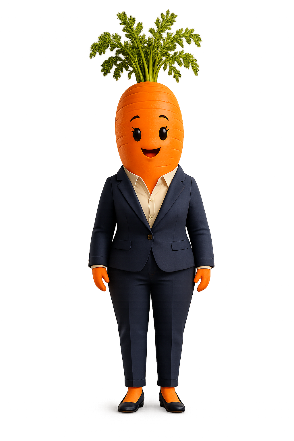 Carrot, the SPUD loan officer, in a navy suit with a leafy green top