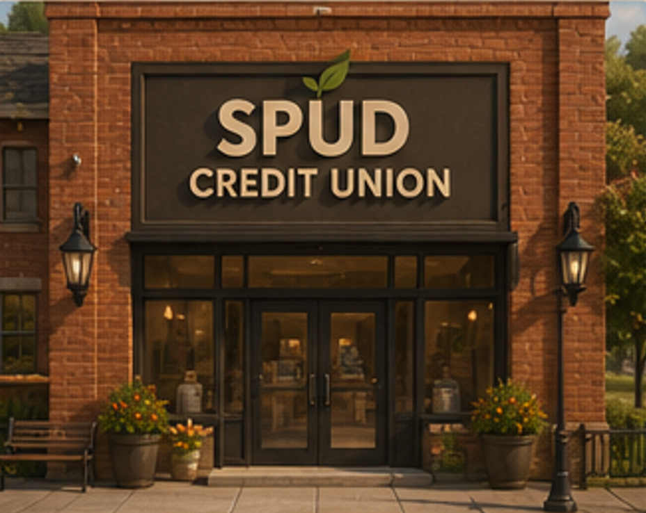 The SPUD Credit Union building in Spudville at dusk