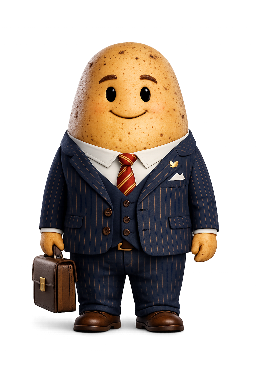 Spudrick, the potato operations lead, in a pinstripe suit holding a briefcase
