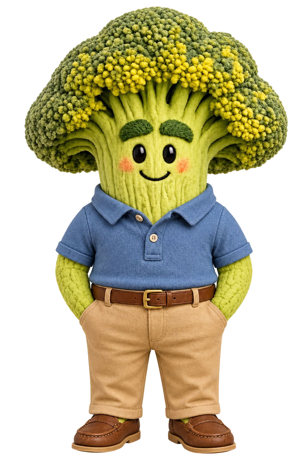 Brock Lawrence O’Leany, a broccoli in a blue polo shirt, tan chinos with a brown belt, and brown loafers