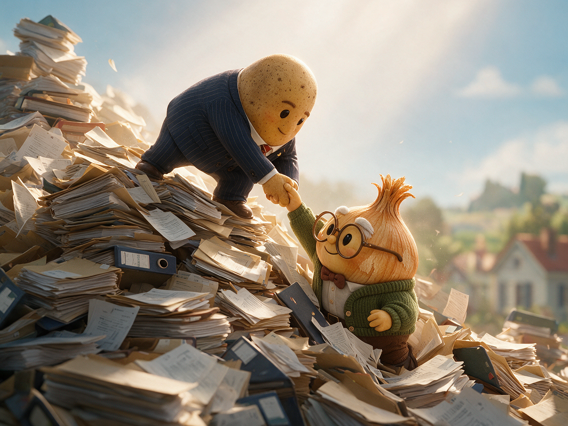 Spudrick reaching down to help Orson climb a mountain of scattered paper files