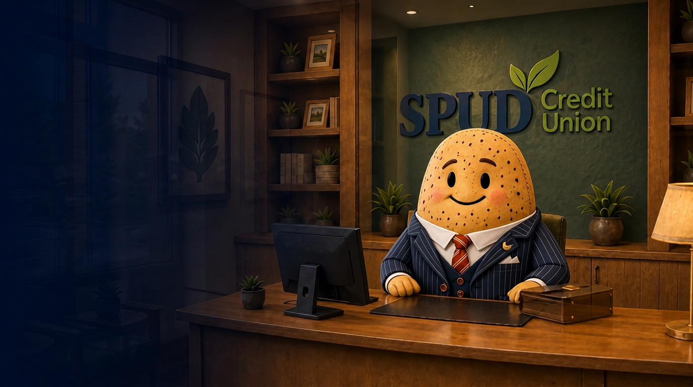The SPUD Credit Union executive office, warmly lit, with the SPUD wall behind the desk